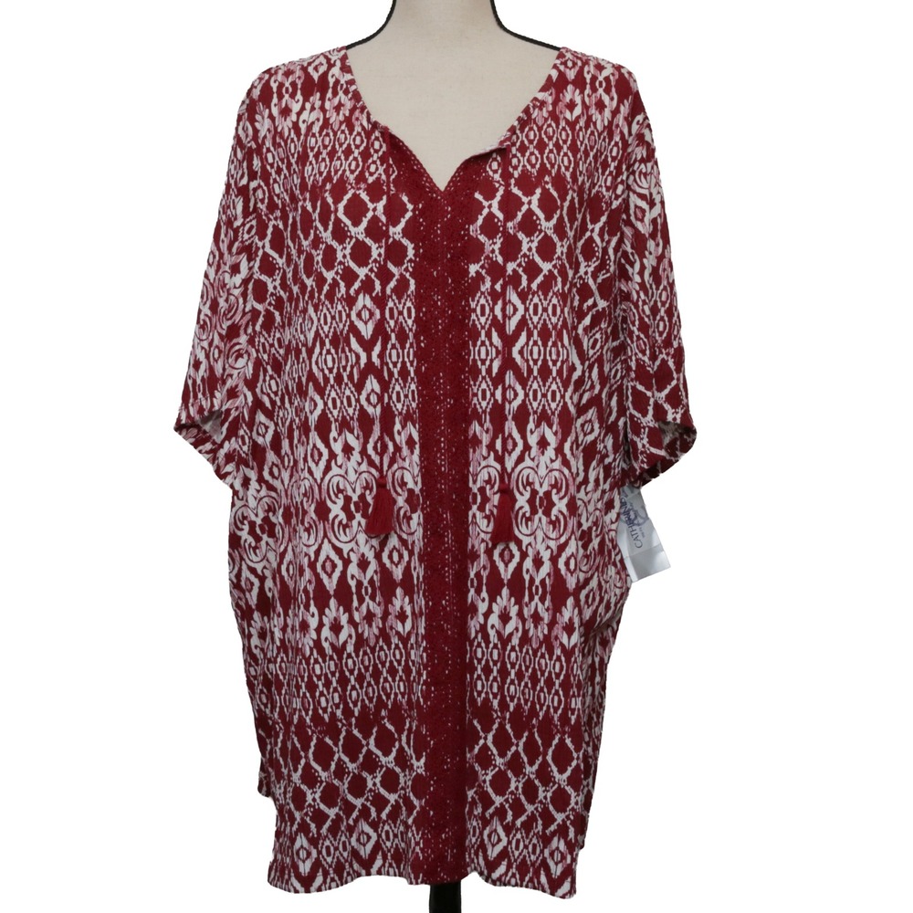 Catherines Tunic Top 3X Womens Red NWT Ikat Crochet Lace Tassel Boho Poncho